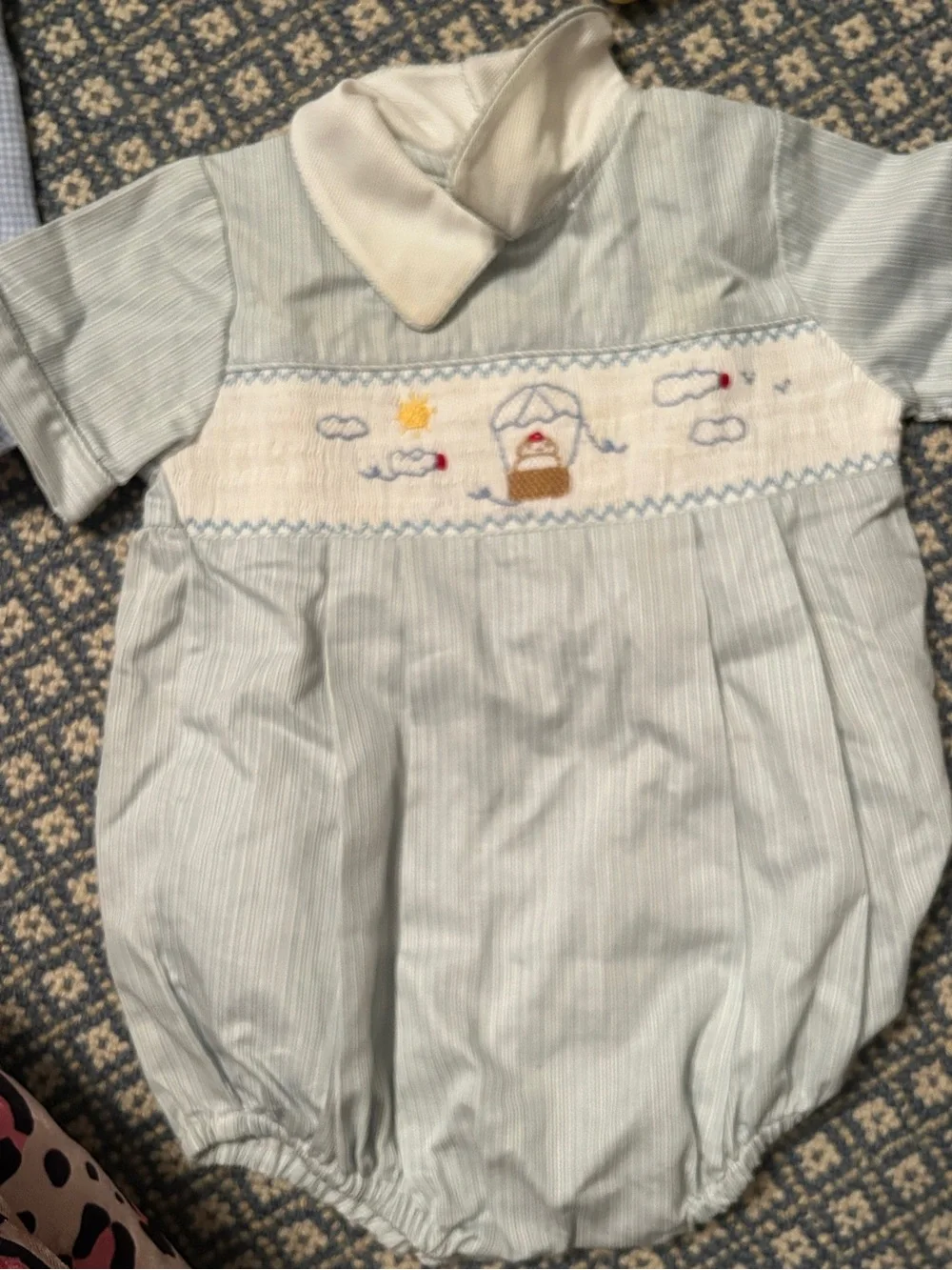 Carriage Boutique Light Blue and White Smocked Hot Air Balloon One-Piece
